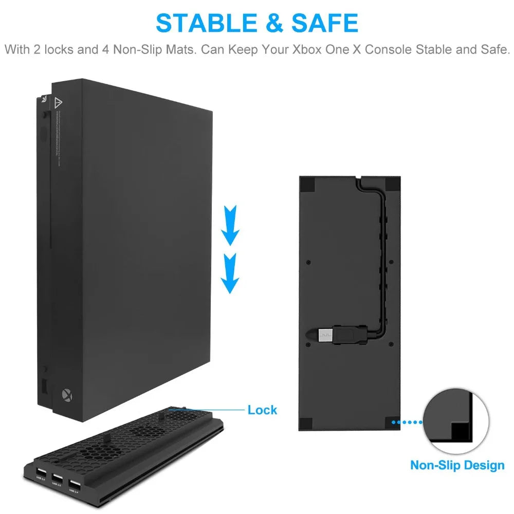 Nuevo soporte vertical para Xbox One X con 3 ventiladores de refrigeración + concentrador de 3 puertos USB Base/base de refrigeración vertical para consola de juegos Xbox One X