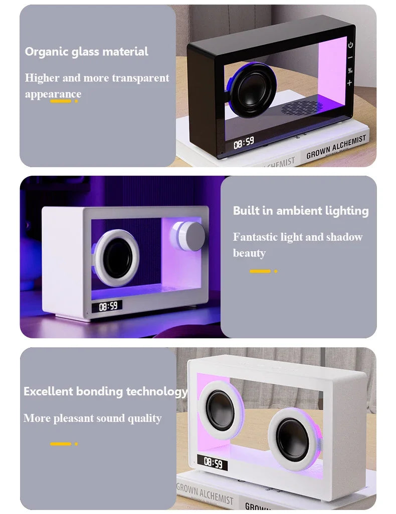 Mini Transparent Visible Bluetooth Speaker with Clock Portable Card Wireless Music Player Desktop LED Atmosphere Lamp Ornaments