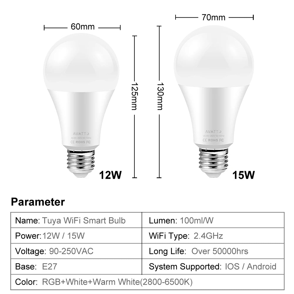 AVATTO Tuya WiFi 智能灯泡，E27 RGB LED 灯可调光，智能生活 APP 远程控制，适用于 Alexa Google Home 的语音控制