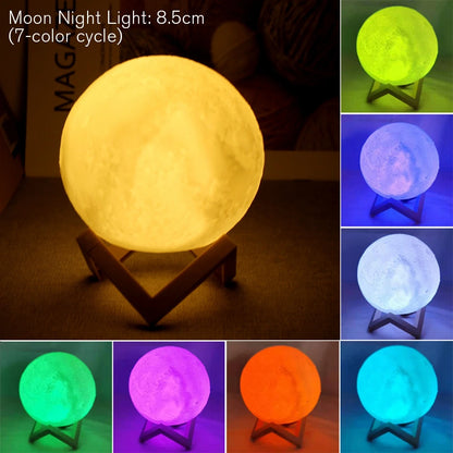 Lámpara de luz nocturna LED E5 de 8 cm con forma de luna, alimentada por batería y con soporte, lámpara estrellada para dormitorio, decoración del hogar, luces de noche, regalo para niños, lámpara de luna para Navidad