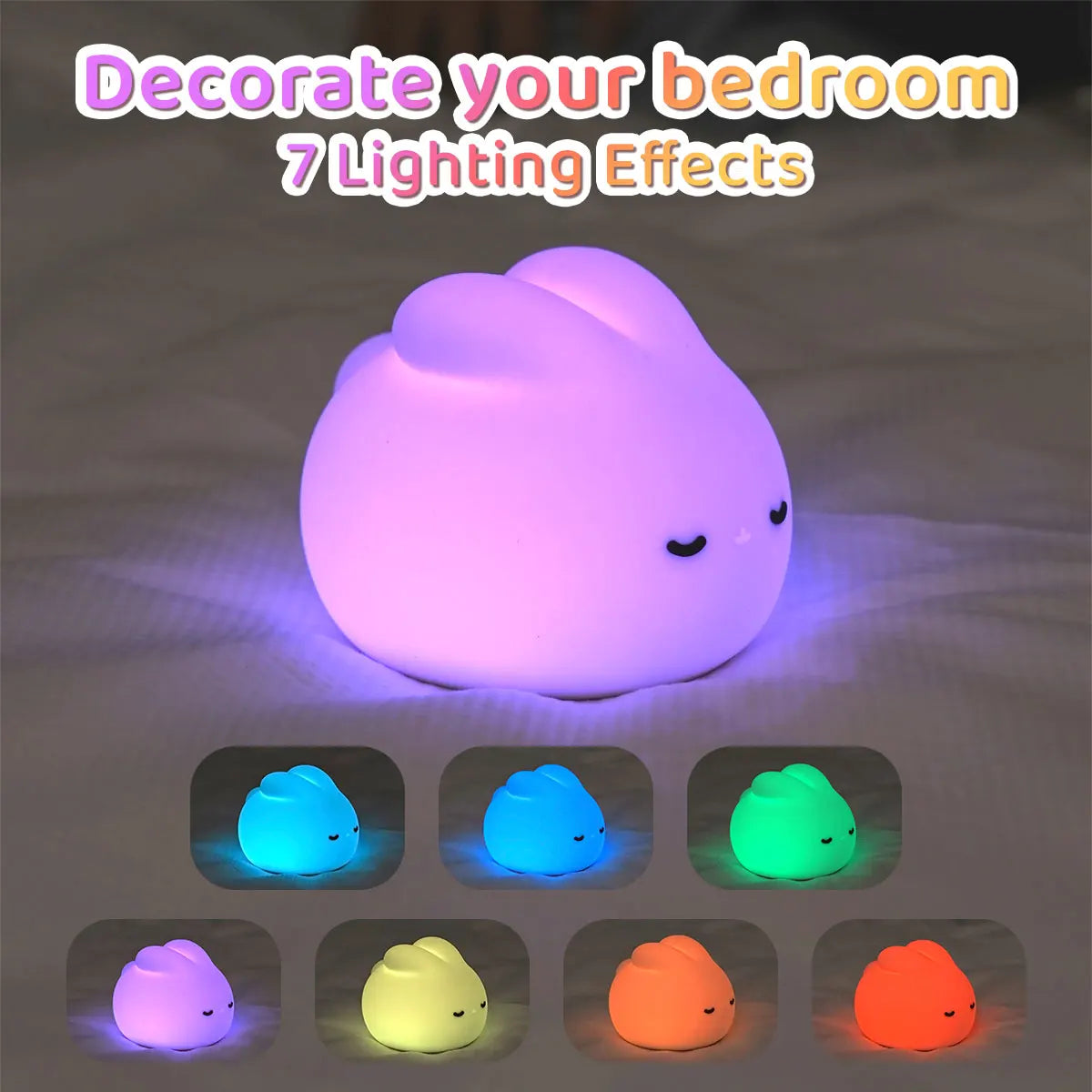 Luz de noche de conejo para habitación de niños, linda lámpara de conejito, regalos para guardería, niñas, niños pequeños, decoración de habitación kawaii, luz de noche de silicona USB