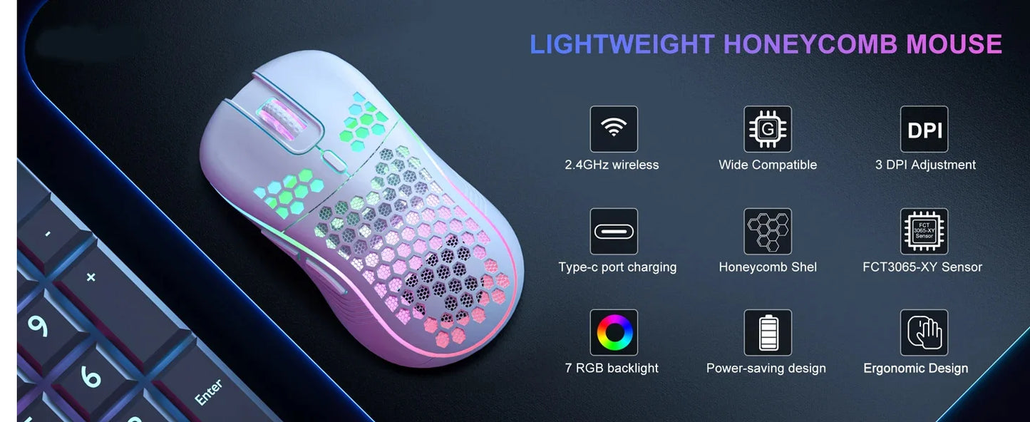 Ratón inalámbrico para juegos de 2,4 G con iluminación RGB, carga y DPI ajustable, diseño ergonómico de panal para computadora portátil de escritorio