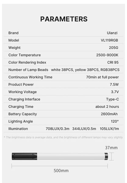 Lámpara de estudio de fotografía Ulanzi VL119 de mano con luz LED RGB colorida de 19,68 pulgadas y CRI 95+ 2500K-9000K