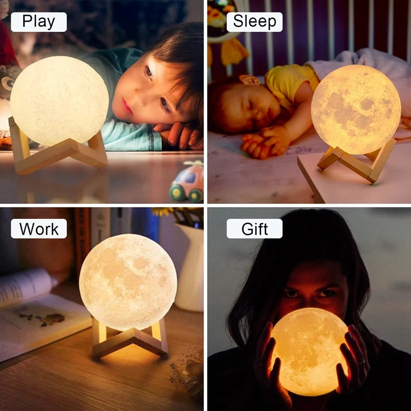 Lámpara de luz nocturna LED E5 de 8 cm con forma de luna, alimentada por batería y con soporte, lámpara estrellada para dormitorio, decoración del hogar, luces de noche, regalo para niños, lámpara de luna para Navidad