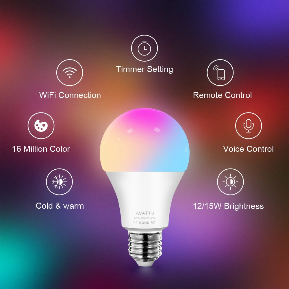 AVATTO Tuya WiFi 智能灯泡，E27 RGB LED 灯可调光，智能生活 APP 远程控制，适用于 Alexa Google Home 的语音控制