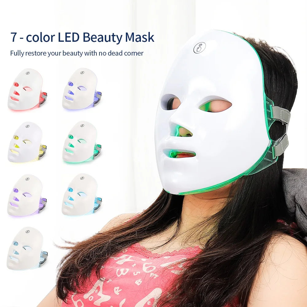 Máscara facial LED recargable, 7 colores, terapia de fotones LED, máscara de belleza, rejuvenecimiento de la piel, dispositivo de belleza blanqueador y lifting facial para el hogar