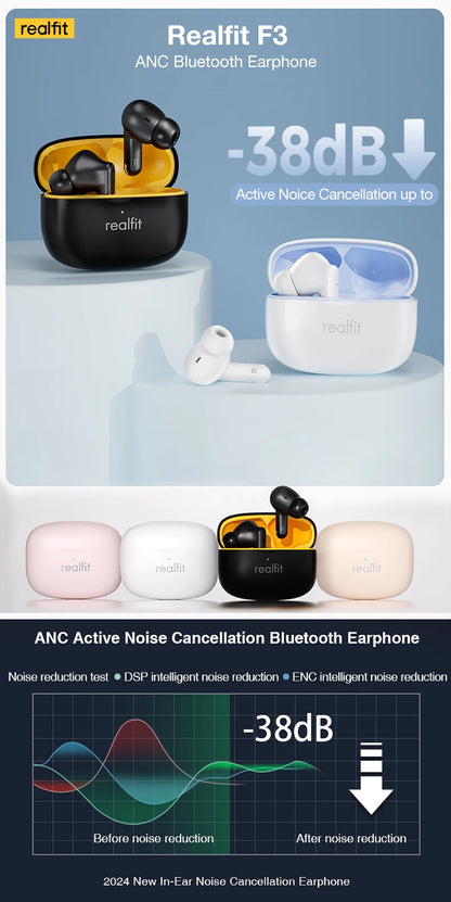 Realfit F3 ANC Active Noice Cancellation Bluetooth Earphones ENC Call HIFI Stereo Superb Bass Wireless Earbuds Sport Gaming