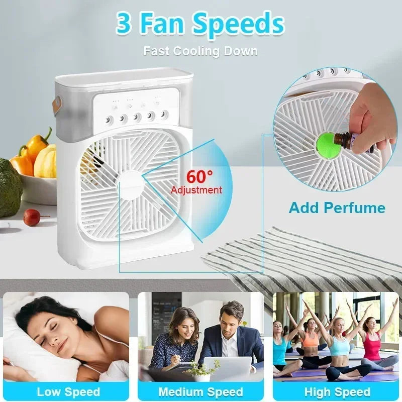 Humidificador de aire doméstico, ventilador portátil, aire acondicionado, ventilador eléctrico USB, luz nocturna LED, vaporizador de agua divertido tres en uno ventilador USB