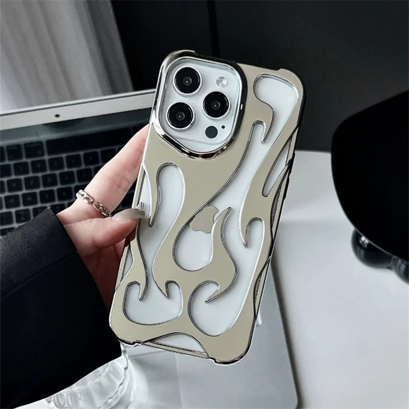 Funda de teléfono con llama de fuego hueca de moda para iPhone 15, 14, 13, 12, 11 Pro Max Plus, funda suave galvanizada plateada para niño y niña