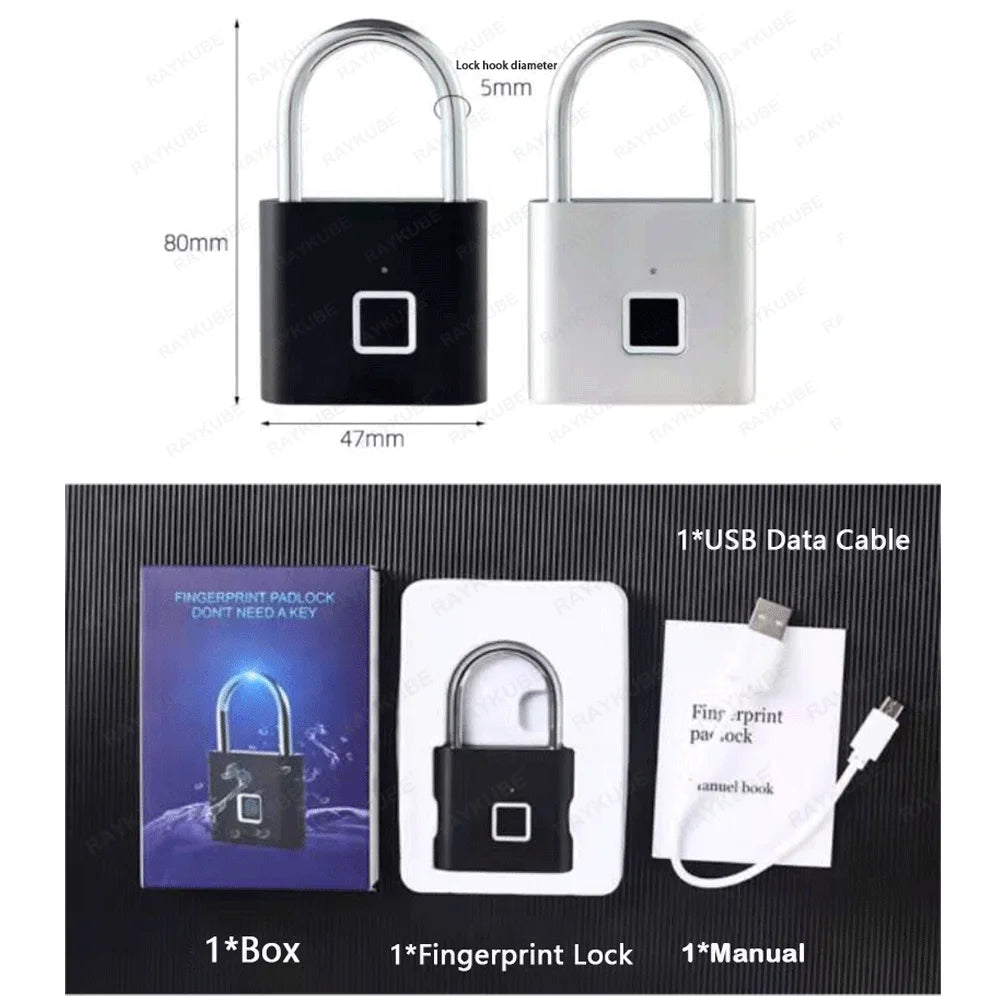 Candado inteligente con huella dactilar RAYKUBE P2, resistente al agua, de aleación de zinc, biométrico, con batería recargable incorporada y carga USB