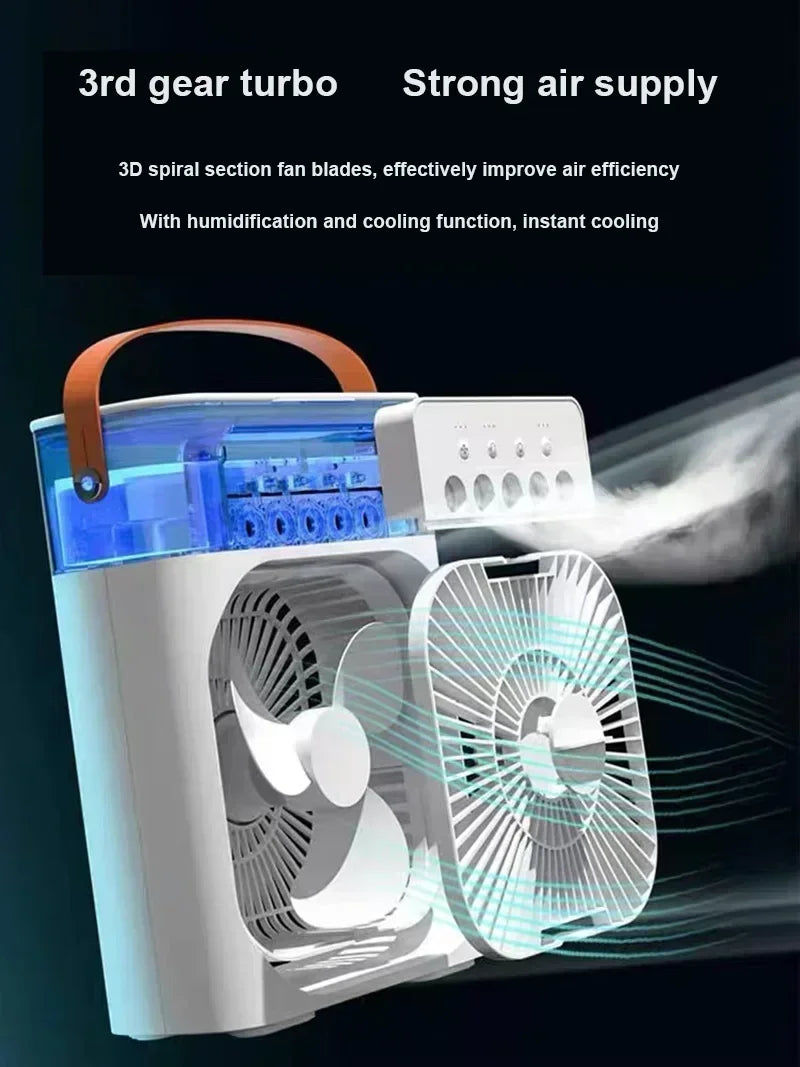 Humidificador de aire doméstico, ventilador portátil, aire acondicionado, ventilador eléctrico USB, luz nocturna LED, vaporizador de agua divertido tres en uno ventilador USB