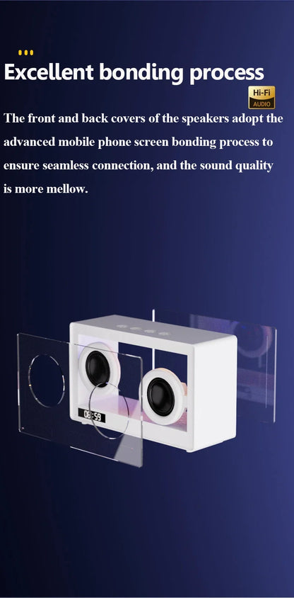 Mini altavoz Bluetooth transparente visible con reloj, reproductor de música inalámbrico portátil con tarjeta, lámpara LED de ambiente de escritorio, adornos