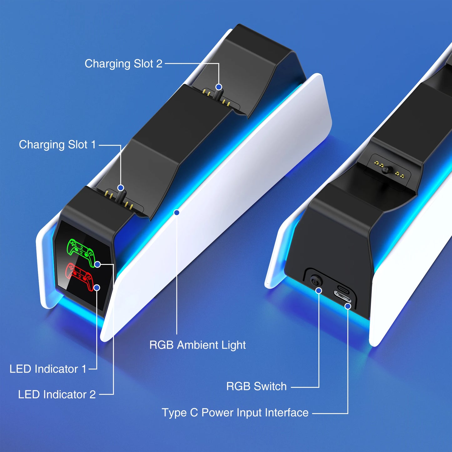 适用于 PlayStation 5 的 RGB 控制器充电站 双快速充电器 LED 指示灯充电支架扩展坞适用于 PS5 游戏手柄