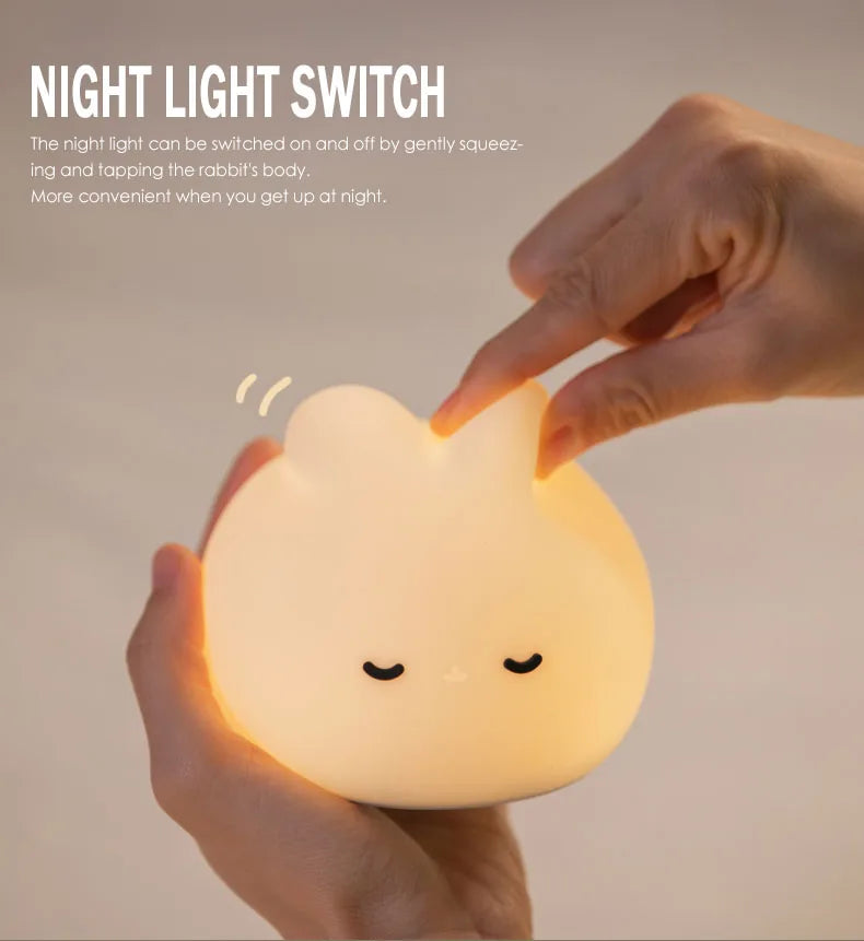 Luz de noche de conejo para habitación de niños, linda lámpara de conejito, regalos para guardería, niñas, niños pequeños, decoración de habitación kawaii, luz de noche de silicona USB