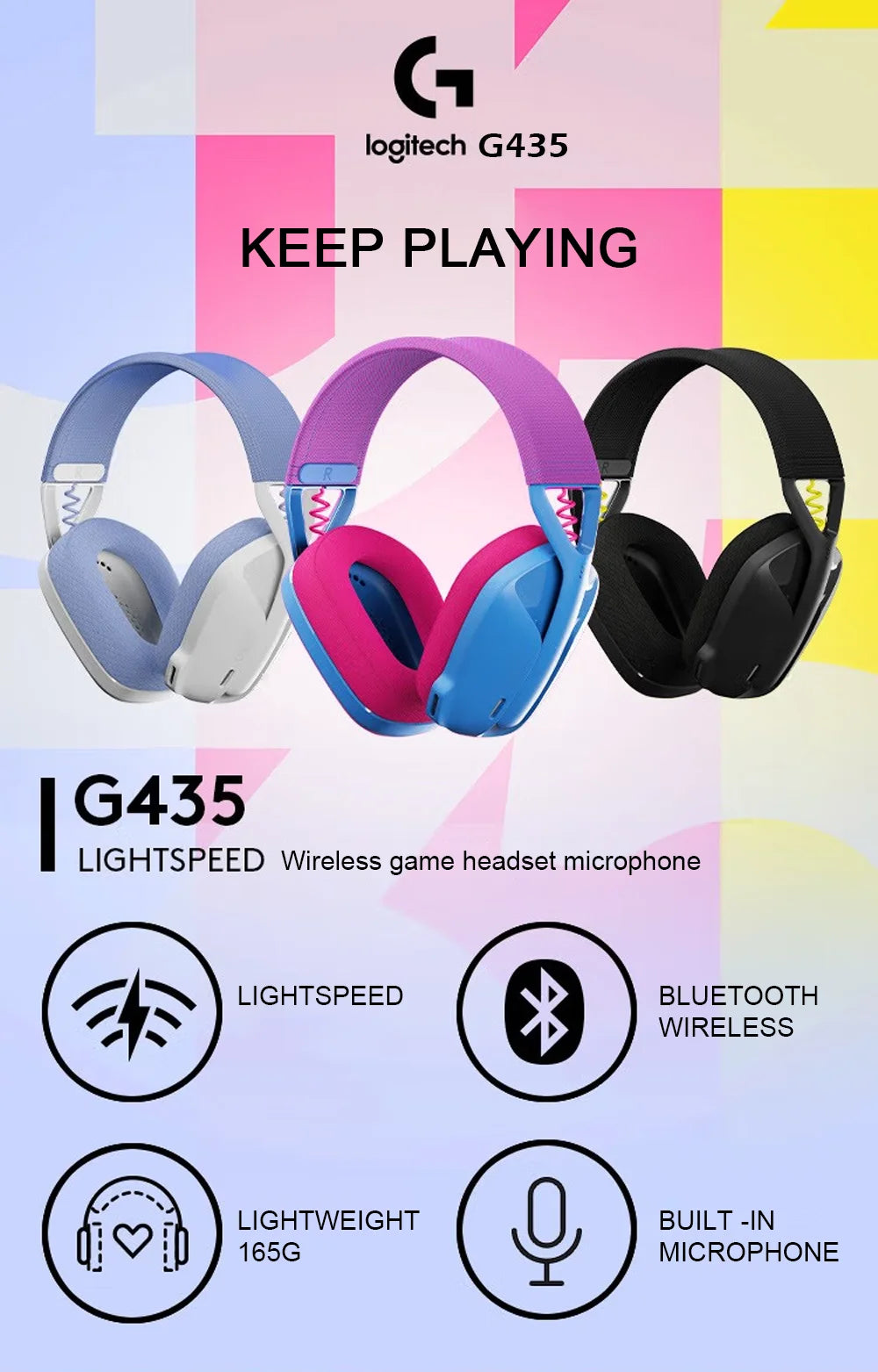 Logitech G435 WIRELESS GAMING HEADSET LIGHTSPEED  7.1 Surround Sound Built-in Mic Gamer Bluetooth Headphone Earphone for PC/PS