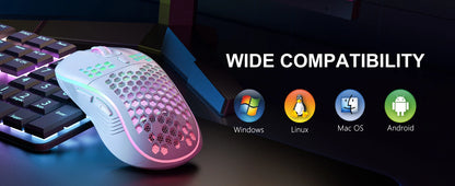 Ratón inalámbrico para juegos de 2,4 G con iluminación RGB, carga y DPI ajustable, diseño ergonómico de panal para computadora portátil de escritorio