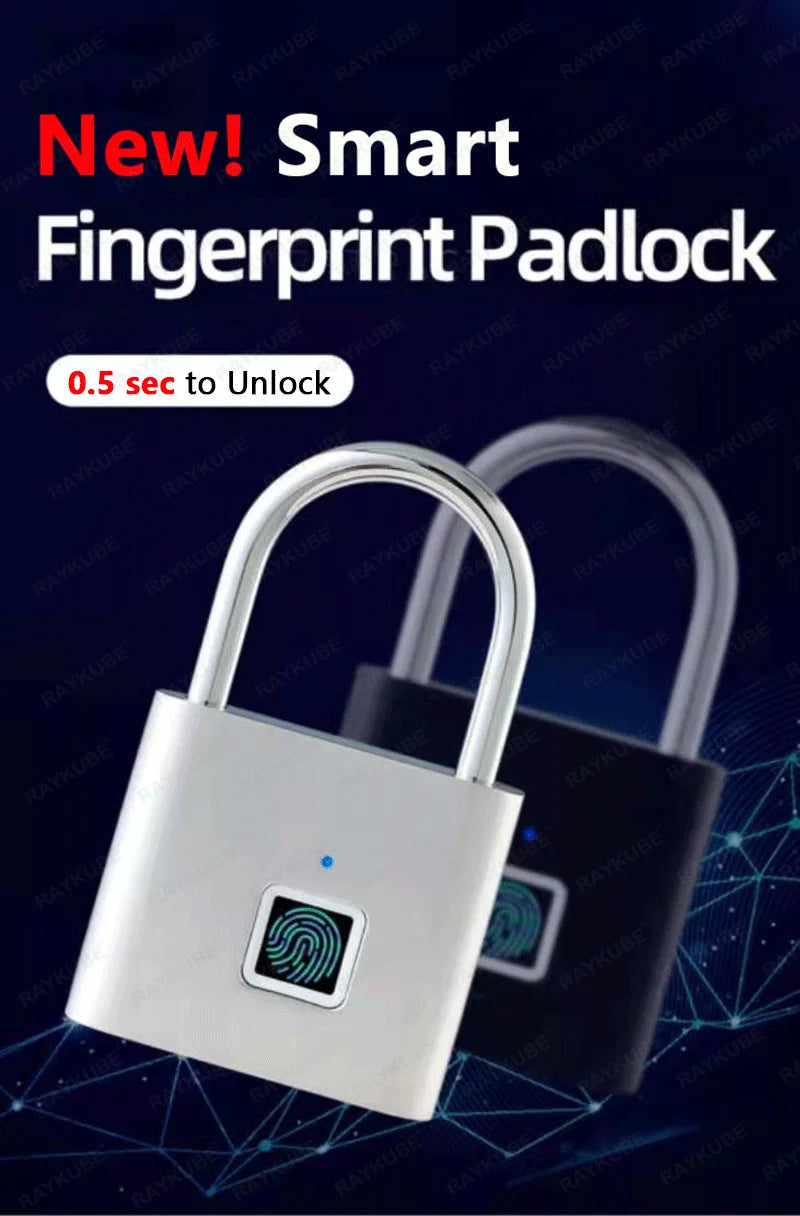 RAYKUBE P2 Smart Fingerprint Padlock Waterproof Zinc Alloy Biometric Padlocks With Buit-in Rechargeable Battery USB Charge