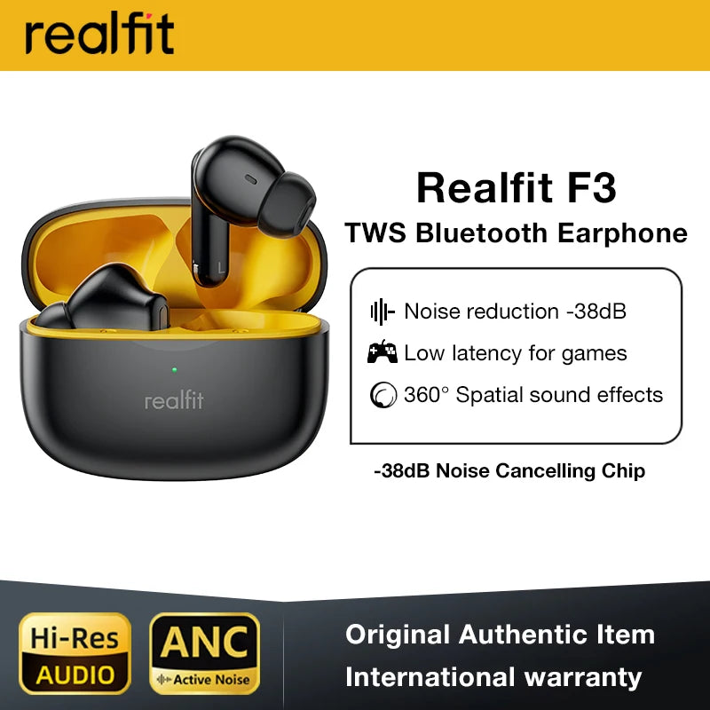 Auriculares Bluetooth con cancelación activa de ruido Realfit F3 ANC, llamadas ENC, estéreo HIFI, graves excelentes, auriculares inalámbricos, deportivos para juegos