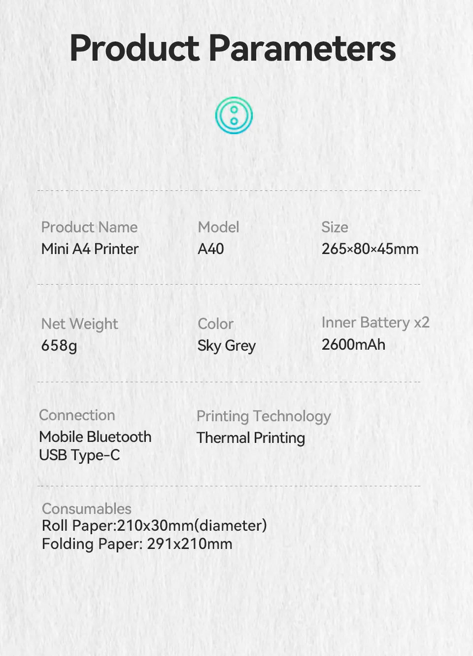 Impresora PeriPage A40, impresora de papel A4, portátil, USB, inalámbrica, Bluetooth, impresora de transferencia térmica para sistema IOS y Android