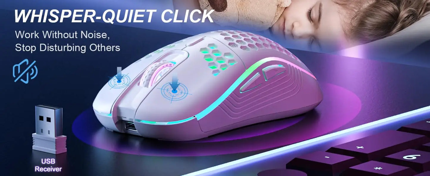 Ratón inalámbrico para juegos de 2,4 G con iluminación RGB, carga y DPI ajustable, diseño ergonómico de panal para computadora portátil de escritorio