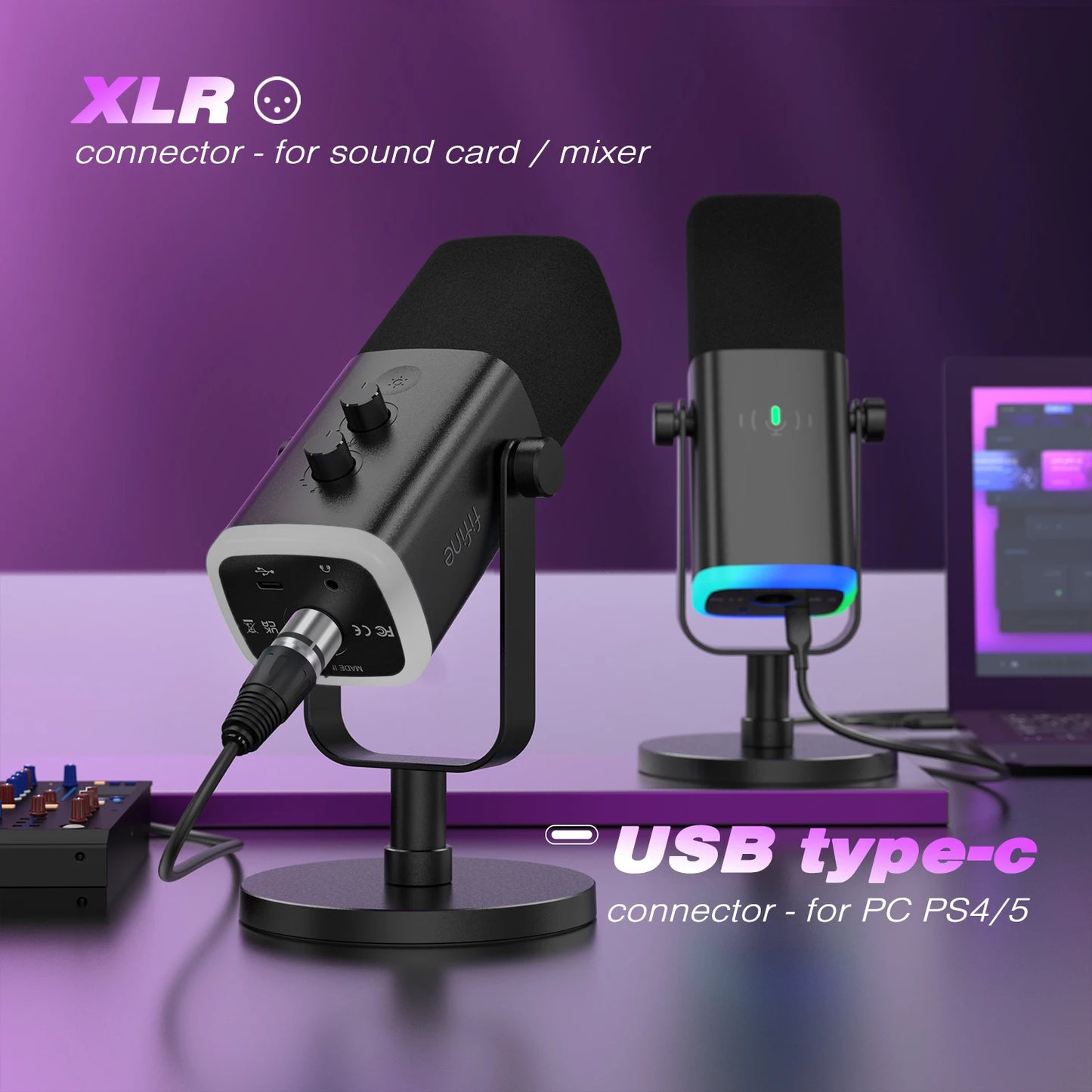 FIFINE USB/XLR 动圈麦克风，带触摸静音按钮、耳机插孔、I/O 控件，适用于 PC PS5/4 混音器、游戏麦克风 Ampligame AM8