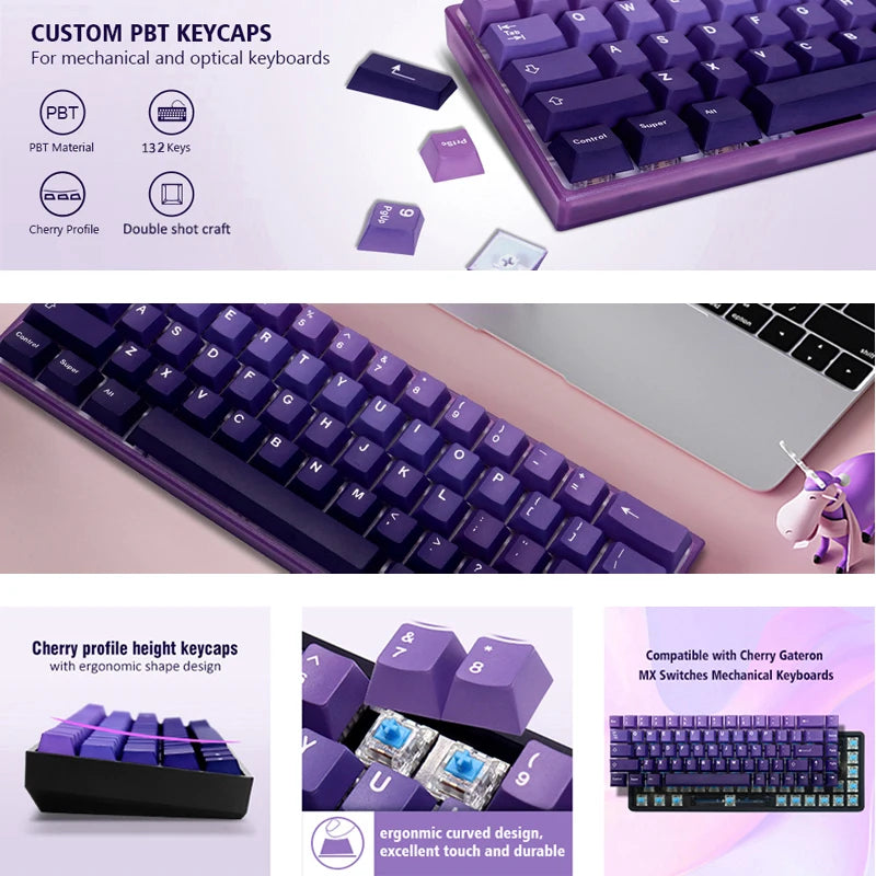 Teclas PBT de 132 teclas con perfil Cherry y doble disparo en morado para interruptores Cherry Gateron MX, teclados mecánicos para juegos