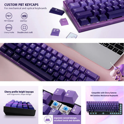 132 Keys PBT Keycaps Cherry Profile Purple Double Shot Key Caps for Cherry Gateron MX Switches Gamer Mechanical Gaming Keyboard