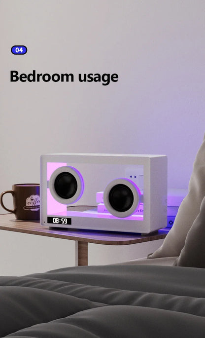 Mini altavoz Bluetooth transparente visible con reloj, reproductor de música inalámbrico portátil con tarjeta, lámpara LED de ambiente de escritorio, adornos