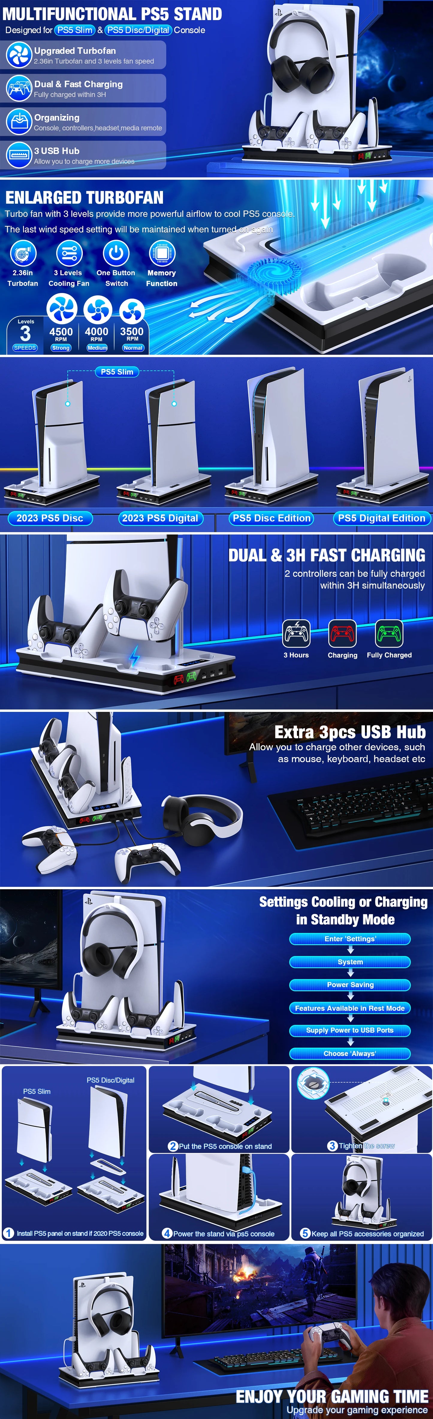 BEBONCOOL S5000 Vertical Stand For PlayStation 5 New Slim Version  PS5 Cooling Station with Two Dual Fast Charging USB