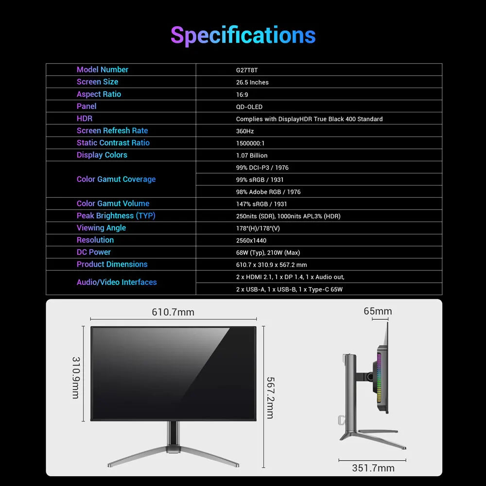 TITAN ARMY G27T8T Gaming Monitor 26.5inch 2560*1440 QD-OLED Screen 360Hz Refresh Rate 0.03ms GTG 1000 nits HDR 400 Adaptive-Sync