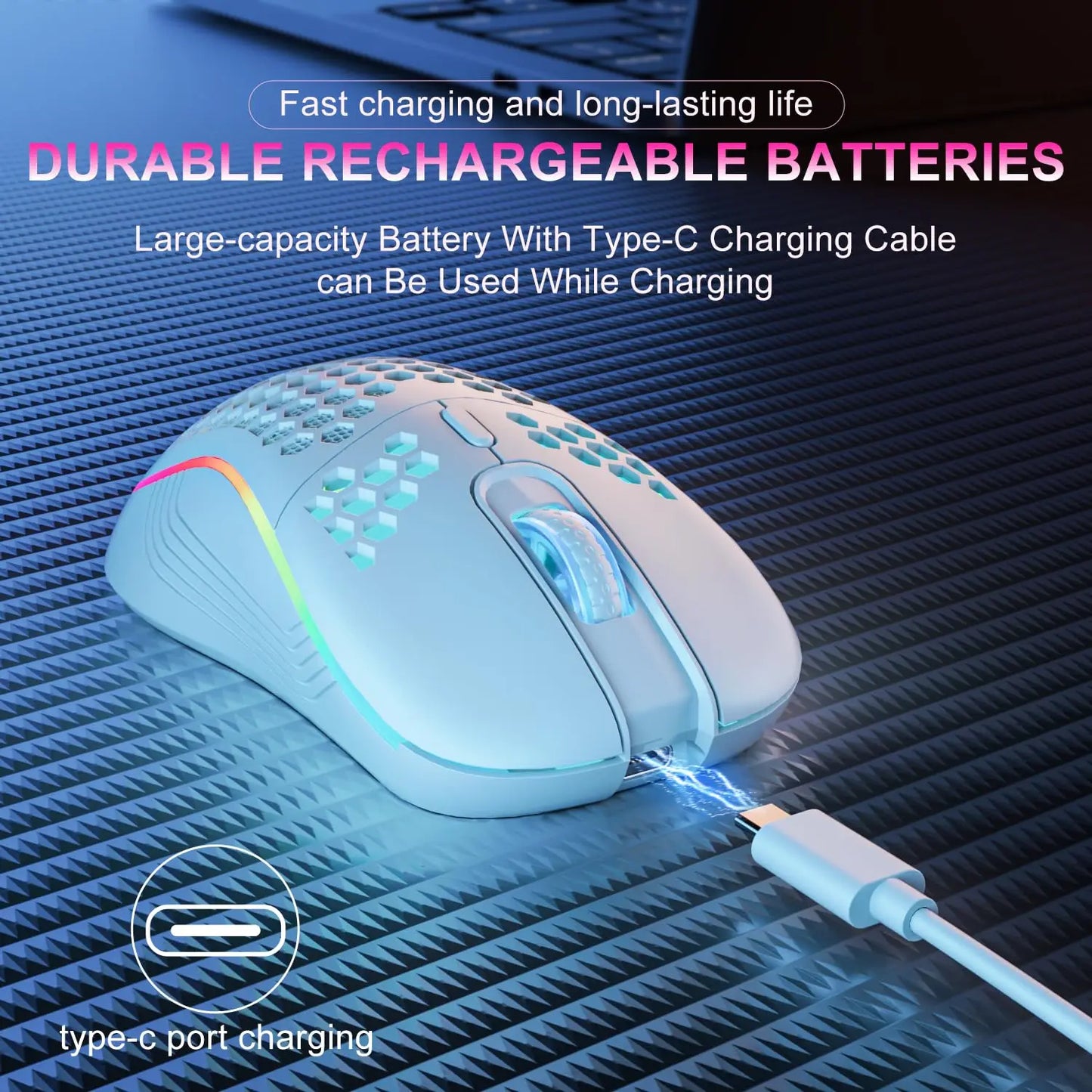 Ratón inalámbrico para juegos de 2,4 G con iluminación RGB, carga y DPI ajustable, diseño ergonómico de panal para computadora portátil de escritorio