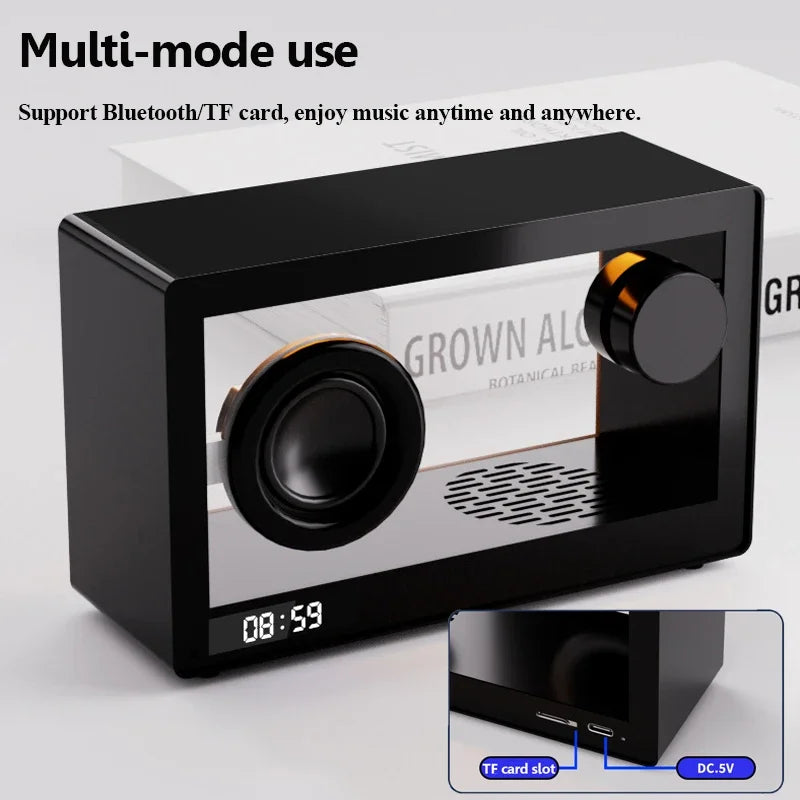 Mini altavoz Bluetooth transparente visible con reloj, reproductor de música inalámbrico portátil con tarjeta, lámpara LED de ambiente de escritorio, adornos