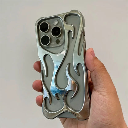 Fashion Hollowed Fire Flame Phone Case For iphone 15 14 13 12 11 Pro Max Plus Cool Boy Girl Silver Electroplated Soft Cover Gift