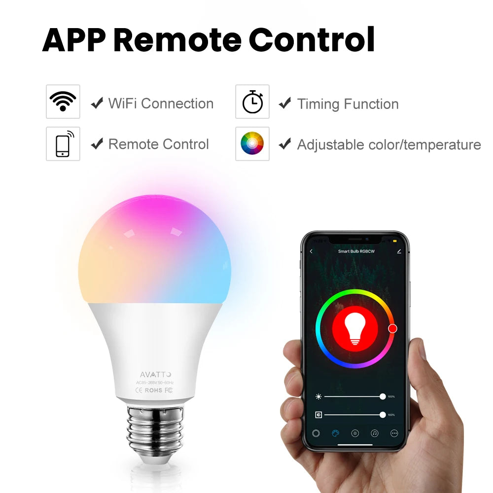 Bombilla inteligente AVATTO Tuya WiFi, lámpara LED RGB E27 regulable, control remoto por aplicación Smart Life, control por voz para Alexa Google Home