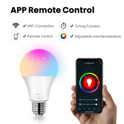 Bombilla inteligente AVATTO Tuya WiFi, lámpara LED RGB E27 regulable, control remoto por aplicación Smart Life, control por voz para Alexa Google Home