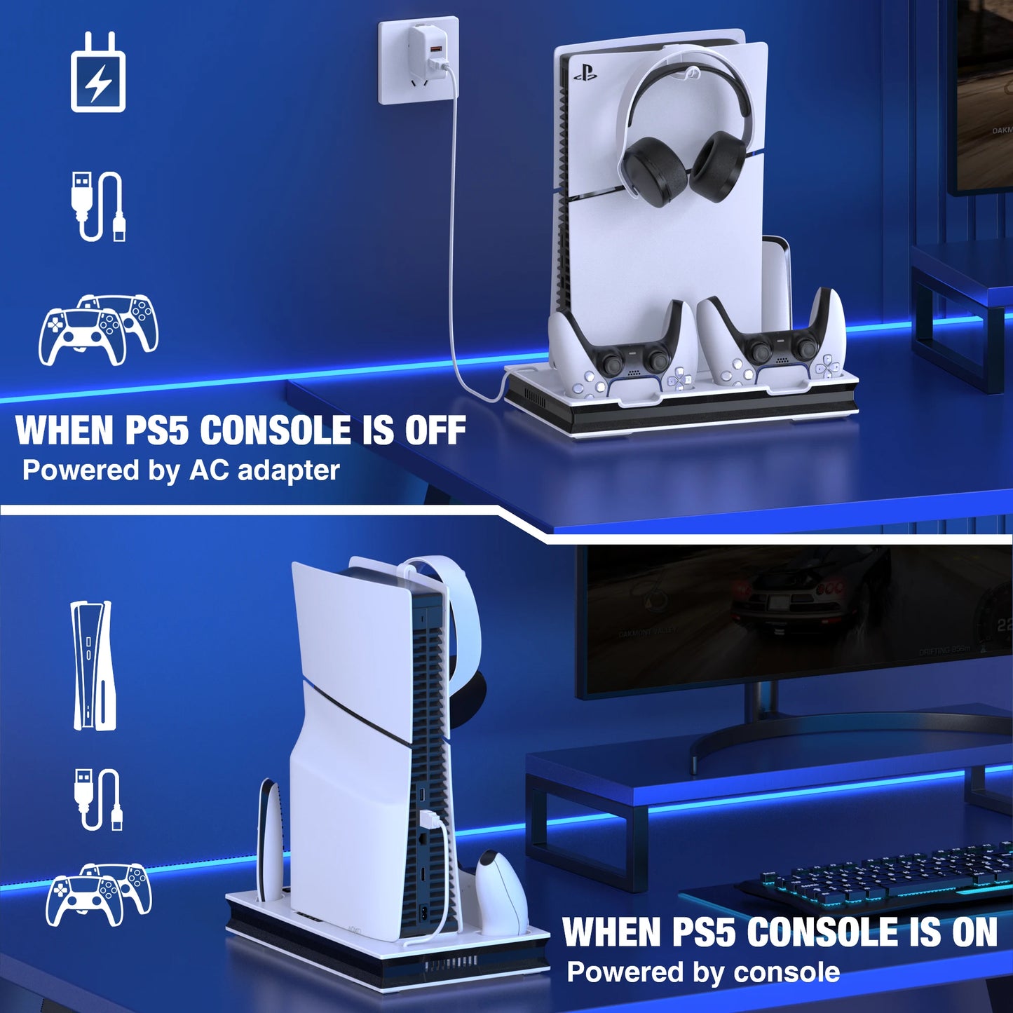 BEBONCOOL S5000 垂直支架适用于 PlayStation 5 新款超薄版 PS5 冷却站，带两个双快速充电 USB