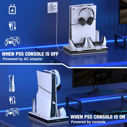 Soporte vertical BEBONCOOL S5000 para PlayStation 5, nueva versión Slim, estación de enfriamiento para PS5 con dos puertos USB de carga rápida duales