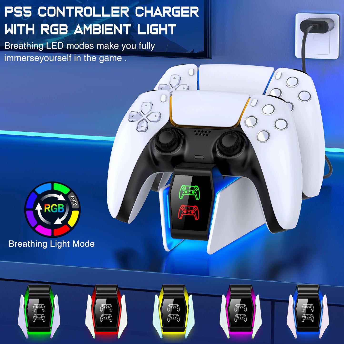 Estación de carga del controlador RGB para PlayStation 5, cargador rápido dual, indicador LED, soporte de carga, estación de acoplamiento para gamepad PS5