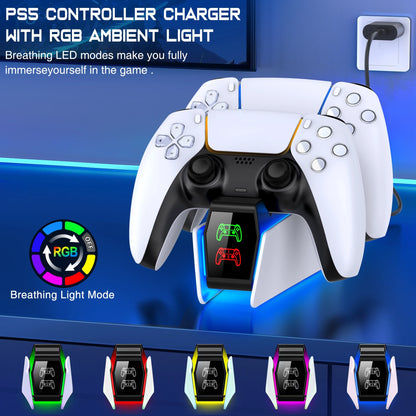 适用于 PlayStation 5 的 RGB 控制器充电站 双快速充电器 LED 指示灯充电支架扩展坞适用于 PS5 游戏手柄