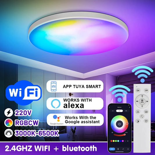 Lámpara de techo LED inteligente WIFI de 30 W, RGB, control remoto por aplicación Tuya, luces de techo LED regulables con Alexa, Google Assistant para dormitorio