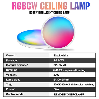 Lámpara de techo LED inteligente WIFI de 30 W, RGB, control remoto por aplicación Tuya, luces de techo LED regulables con Alexa, Google Assistant para dormitorio