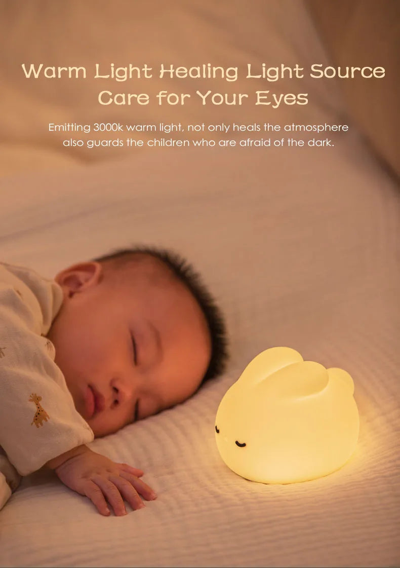 Luz de noche de conejo para habitación de niños, linda lámpara de conejito, regalos para guardería, niñas, niños pequeños, decoración de habitación kawaii, luz de noche de silicona USB