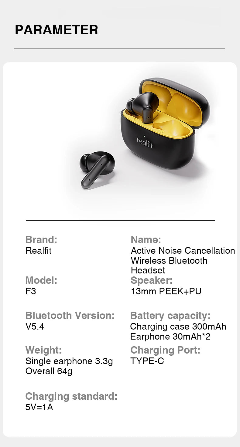 Auriculares Bluetooth con cancelación activa de ruido Realfit F3 ANC, llamadas ENC, estéreo HIFI, graves excelentes, auriculares inalámbricos, deportivos para juegos