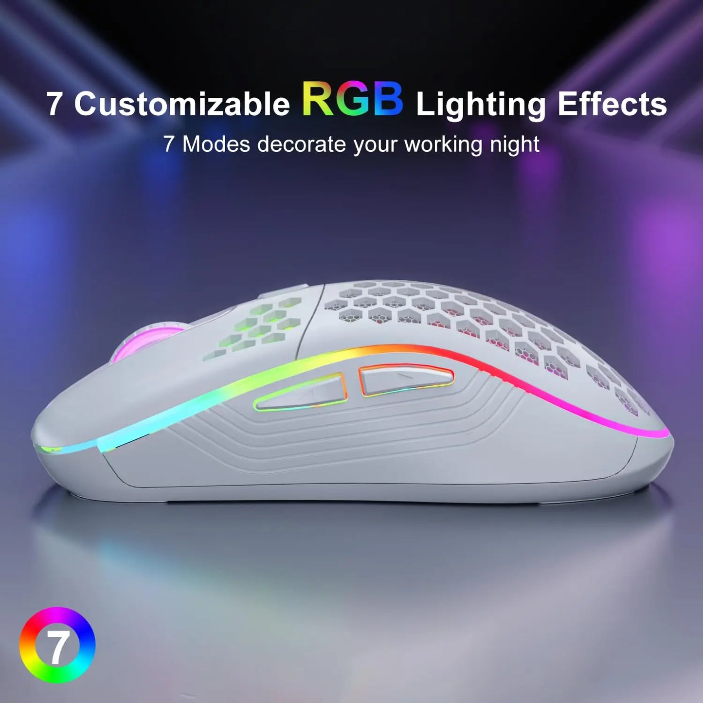 Ratón inalámbrico para juegos de 2,4 G con iluminación RGB, carga y DPI ajustable, diseño ergonómico de panal para computadora portátil de escritorio