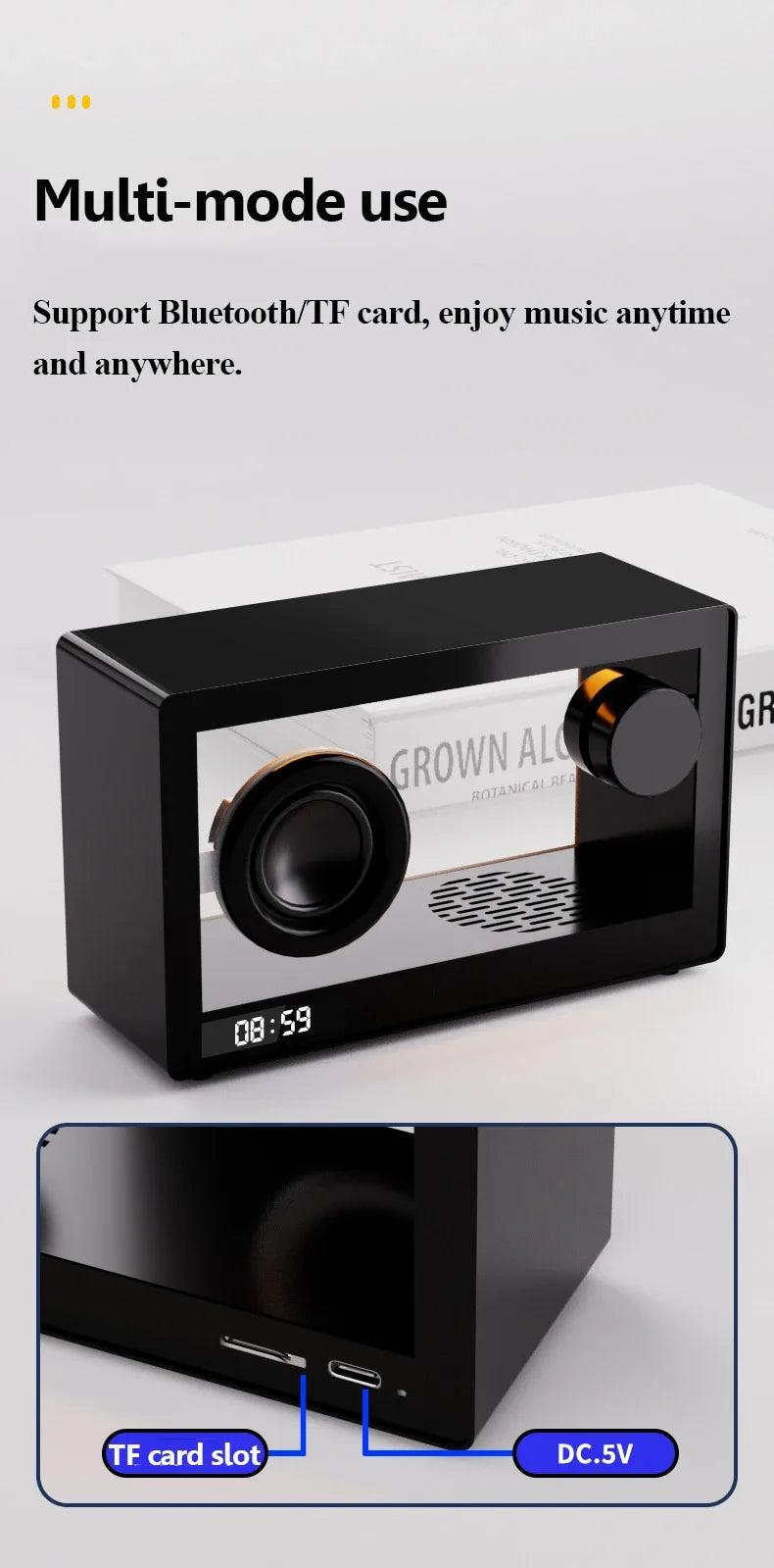 Mini altavoz Bluetooth transparente visible con reloj, reproductor de música inalámbrico portátil con tarjeta, lámpara LED de ambiente de escritorio, adornos