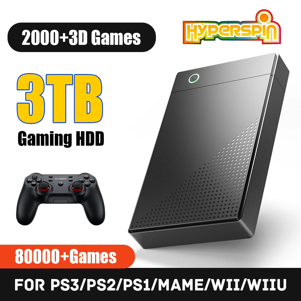 New 3T Hyperspin Attraction Gaming HDD With 80000+ Retro Games for PS3/PS2/PS1/MAME/WII/WIIU Portable Hard Drive for PC/laptoppo