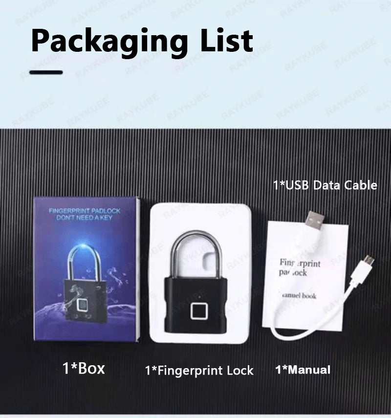 Candado inteligente con huella dactilar RAYKUBE P2, resistente al agua, de aleación de zinc, biométrico, con batería recargable incorporada y carga USB