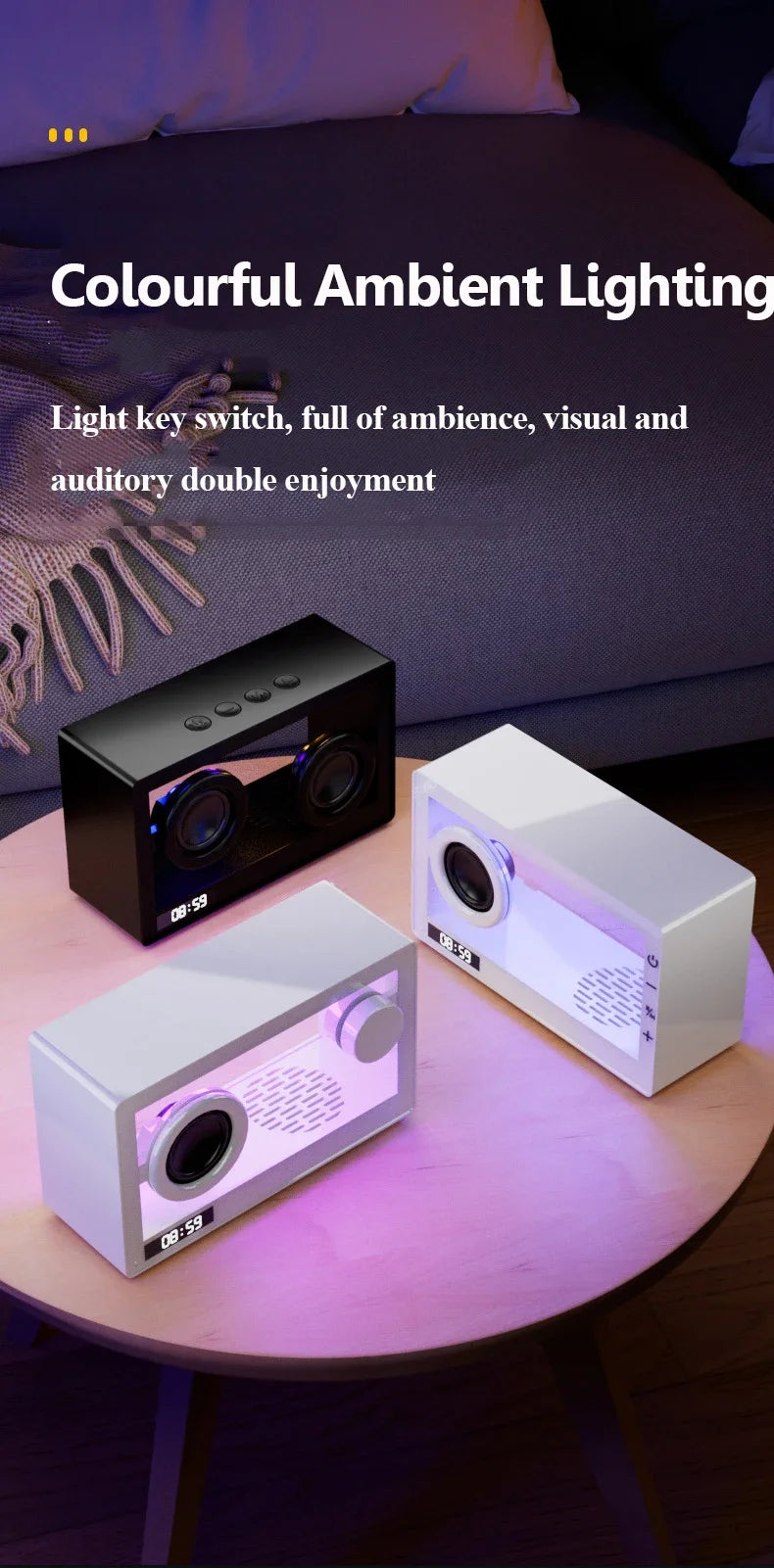 Mini altavoz Bluetooth transparente visible con reloj, reproductor de música inalámbrico portátil con tarjeta, lámpara LED de ambiente de escritorio, adornos