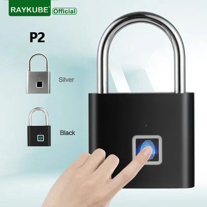 Candado inteligente con huella dactilar RAYKUBE P2, resistente al agua, de aleación de zinc, biométrico, con batería recargable incorporada y carga USB