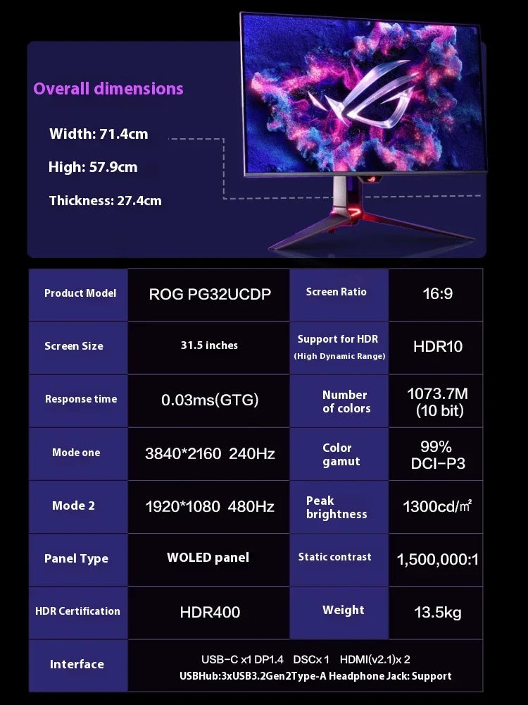 ROG PG32UCDP Monitor da 31.5 pollici Dual Mode 4K 240Hz 480Hz Desktop Laptop IPS Display Screen 1080P PC Gaming OLED Monitor